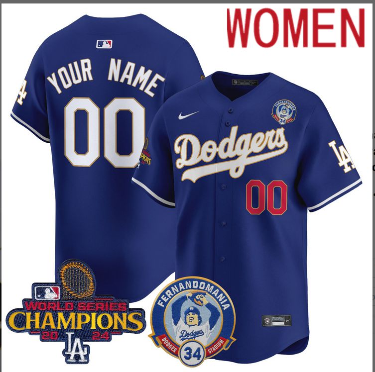Women MLB Los Angeles Dodgers Custom blue 2024 World Series Champions Patch Cooperstown Jersey style 9->customized mlb jersey->Custom Jersey